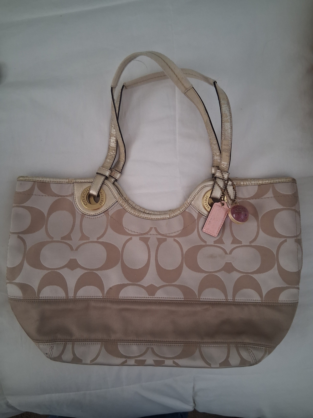 Coach Beige Signature Tote Bag with Leather Trim